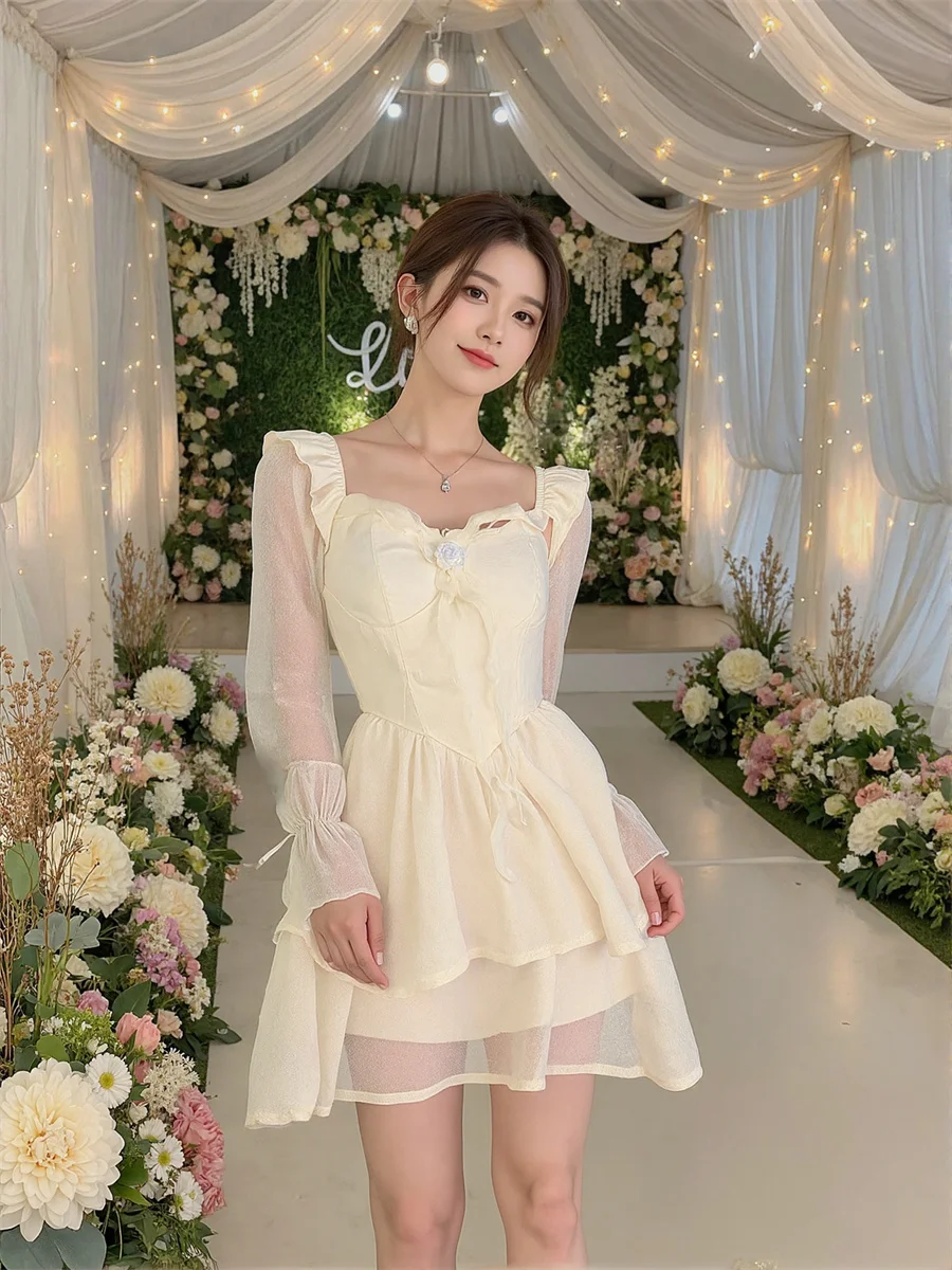 Abiti bianchi da donna per donna Volant drappeggiati Autunno Perline All-Match Girocollo Halter Vita bassa Boho Stampato A-Line Impero