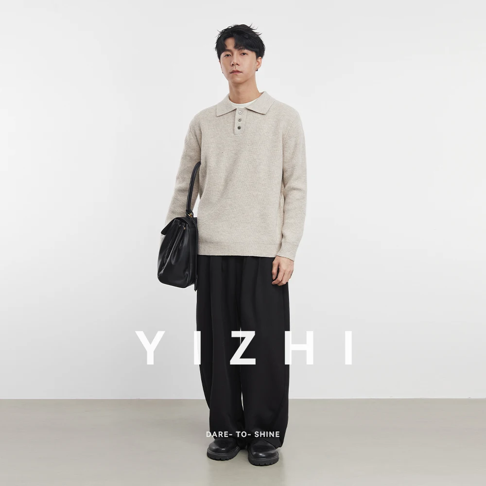 Men's Retro Solid Color Polo Shirt Knitted Sweater 2025 Autumn and Winter New Lapel Loose Long Sleeve Top Men's Pullover Sweater