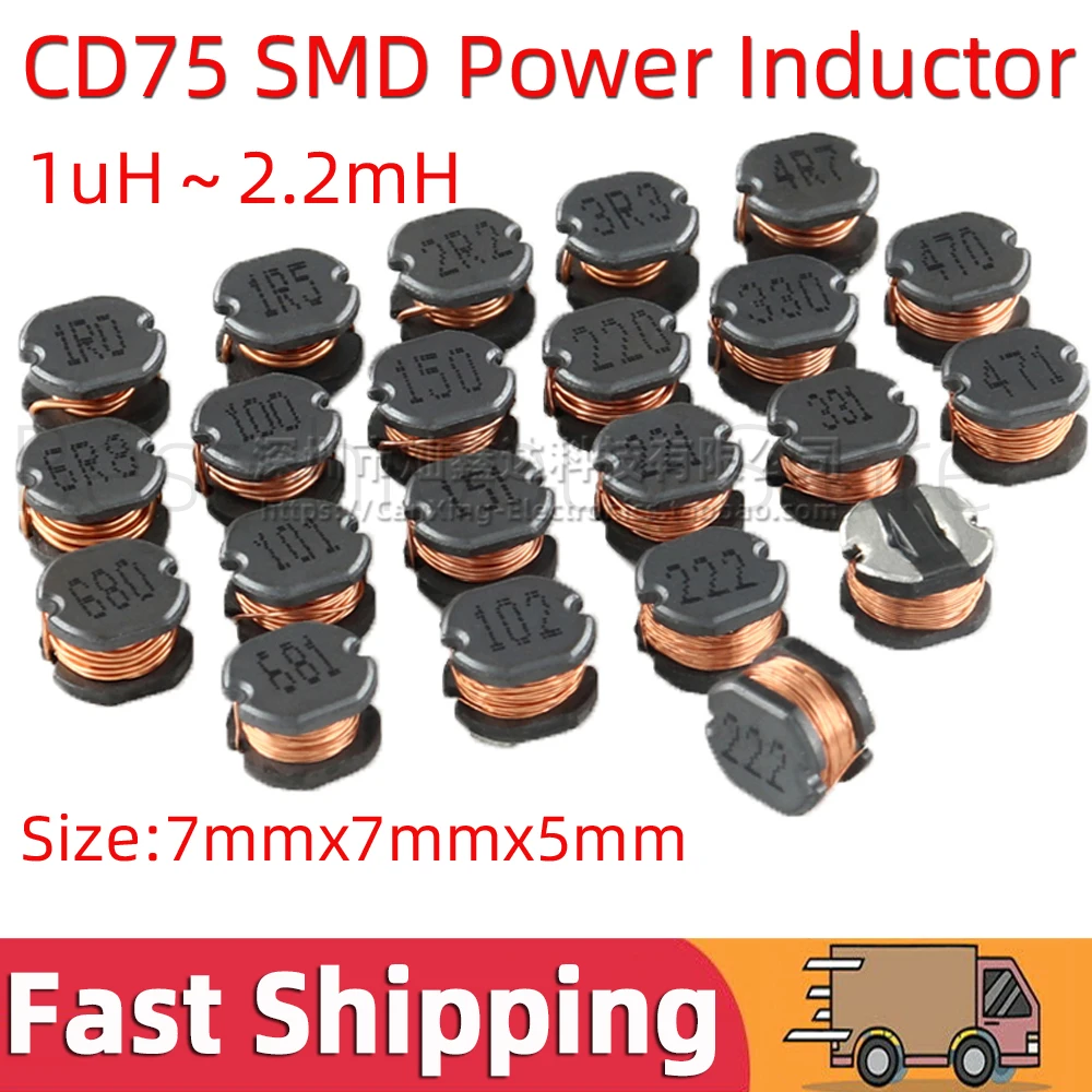 10pcs CD75  SMD Patch Power Inductor Winding Inductance 7mmx7mmx5mm 1uH 10uH 22uH 33uH 100uH 150uH 220uH 470uH 680uH 1mH 2.2mH