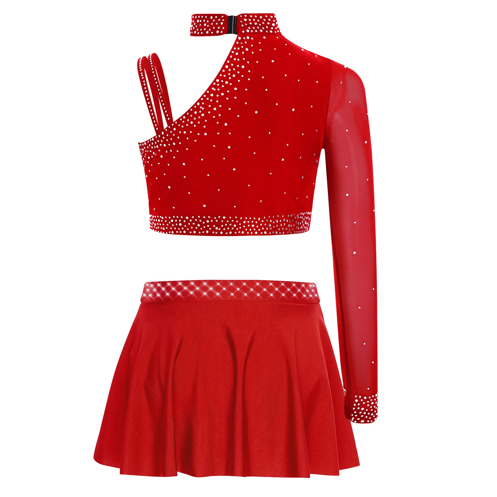 Kids Girls Lyrical Dance Costume Ballet Figure Skating Gymnastics Performance Dancewear Glittery Rhinestones Crop Top with Skirt view 5