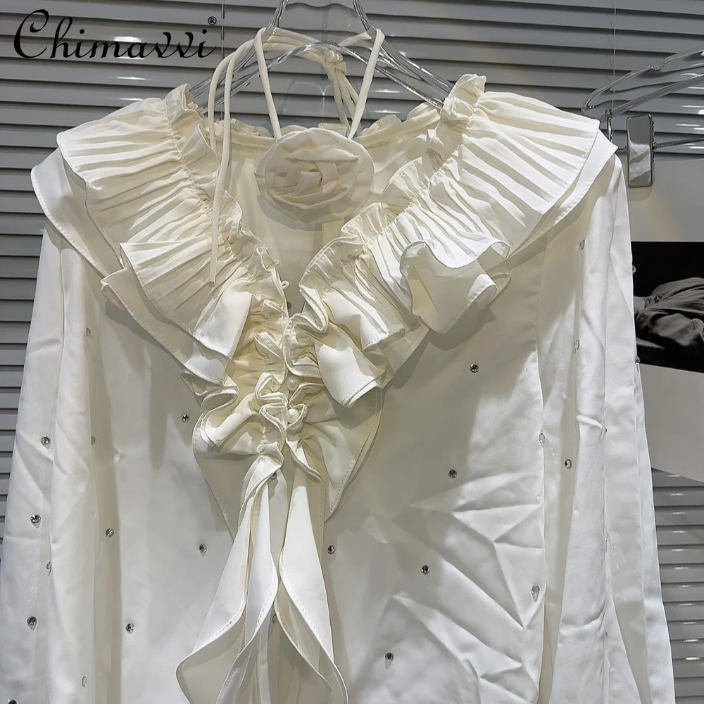 2024 Summer New French Fashion Pleated Ruffled Collar Solid Color Shirt Women's Loose Long Sleeve Shirt Blusas De Mujer