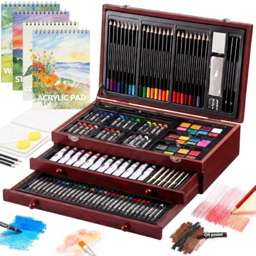 

Набор для рисования и творчества Deluxe из 194 предметов: акриловые краски, мелки, цветные карандаши, 4 блокнота для рисования в деревянном футляре