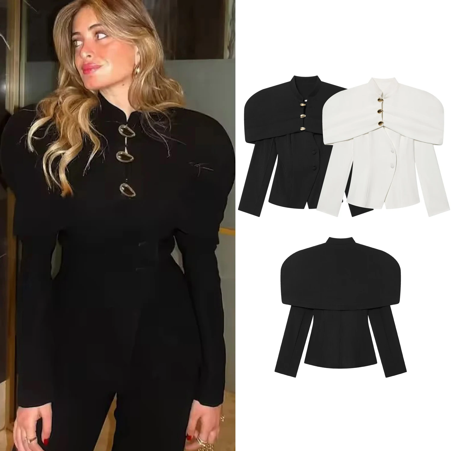

Женский черный элегантный блейзер для весны и осени, новая модная модель с золотыми пуговицами, пиджак для офиса, вечеринок, винтажный приталенный костюмный жакет