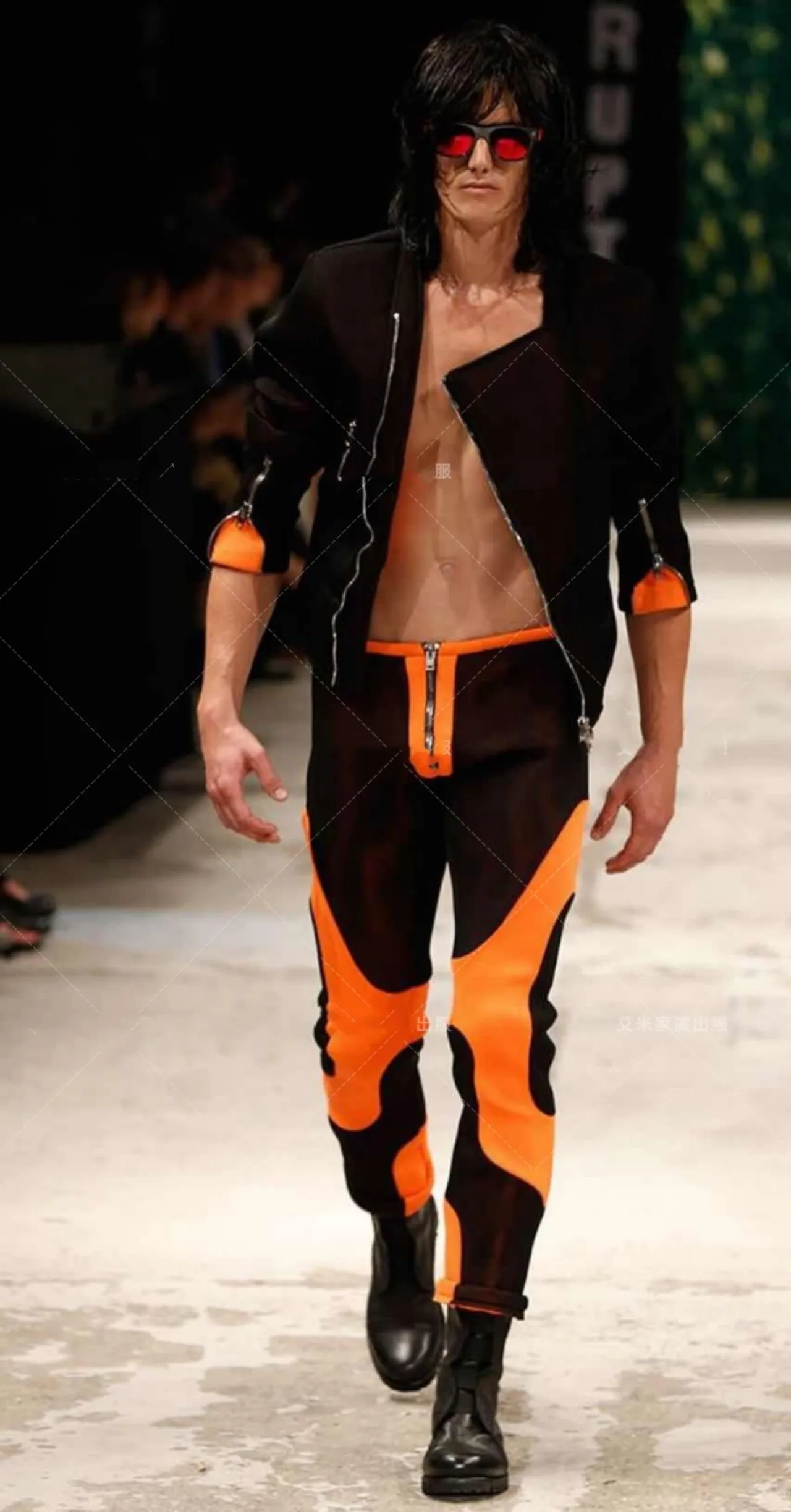 Bar orange and black contrast PU leather stitching catwalk muscle man fashion gogo costume