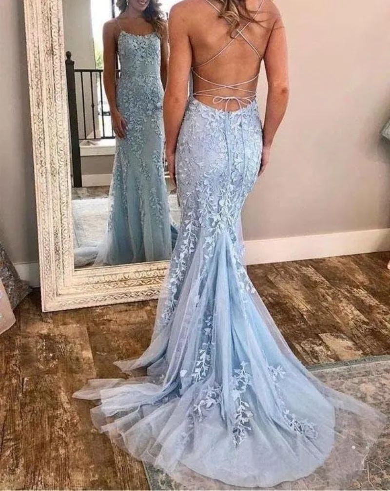 Vestidos femininos de baile de sereia com apliques, longas alças de espaguete, vestido formal de tule, vestidos de festa Quinceanera, mulheres