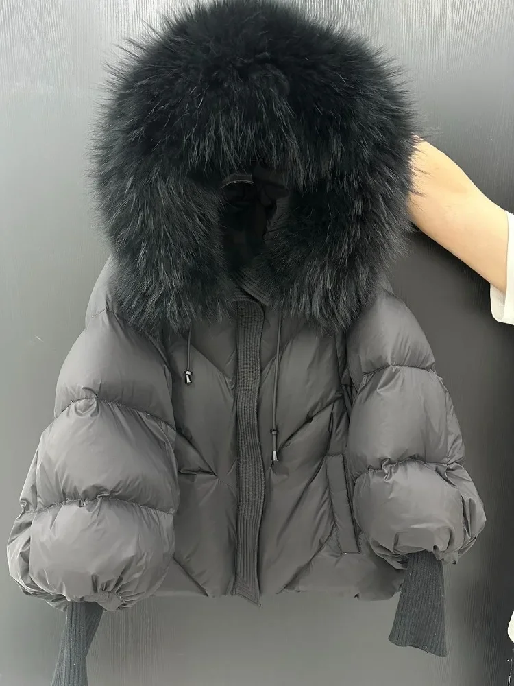 2025 Winter Large Real Fur Hooded Puffer Jacket Women Thicken Warm Knitted Sleeve Coat White Duck Down Mid Long Parka Women