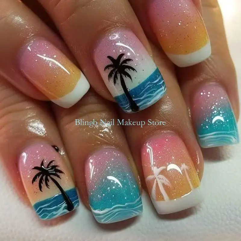 

28TA 24x Short Square False Sea and Coconut Tree Artificial Press On