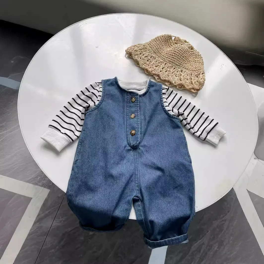 Babys Sets Jumpsuits Korean Sleeveless Cowboy Boys Girls Baby Four Seasons Versatile Fashion Retro Style Simple Fashion 2024