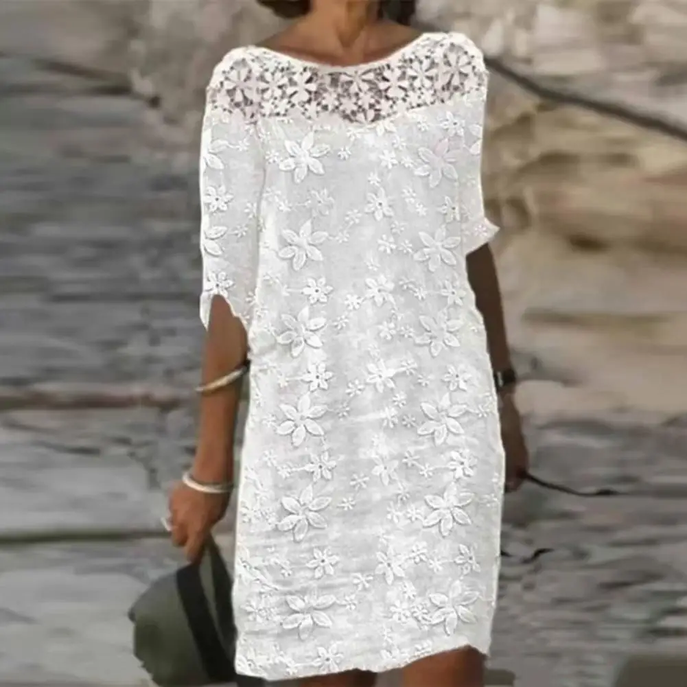 Women Sexy Dress White Hollow Lace Dress Short Sleeve Loose Midi Dresses 2023 Summer Casual Women\'s Casual Dress Vestidos Robe