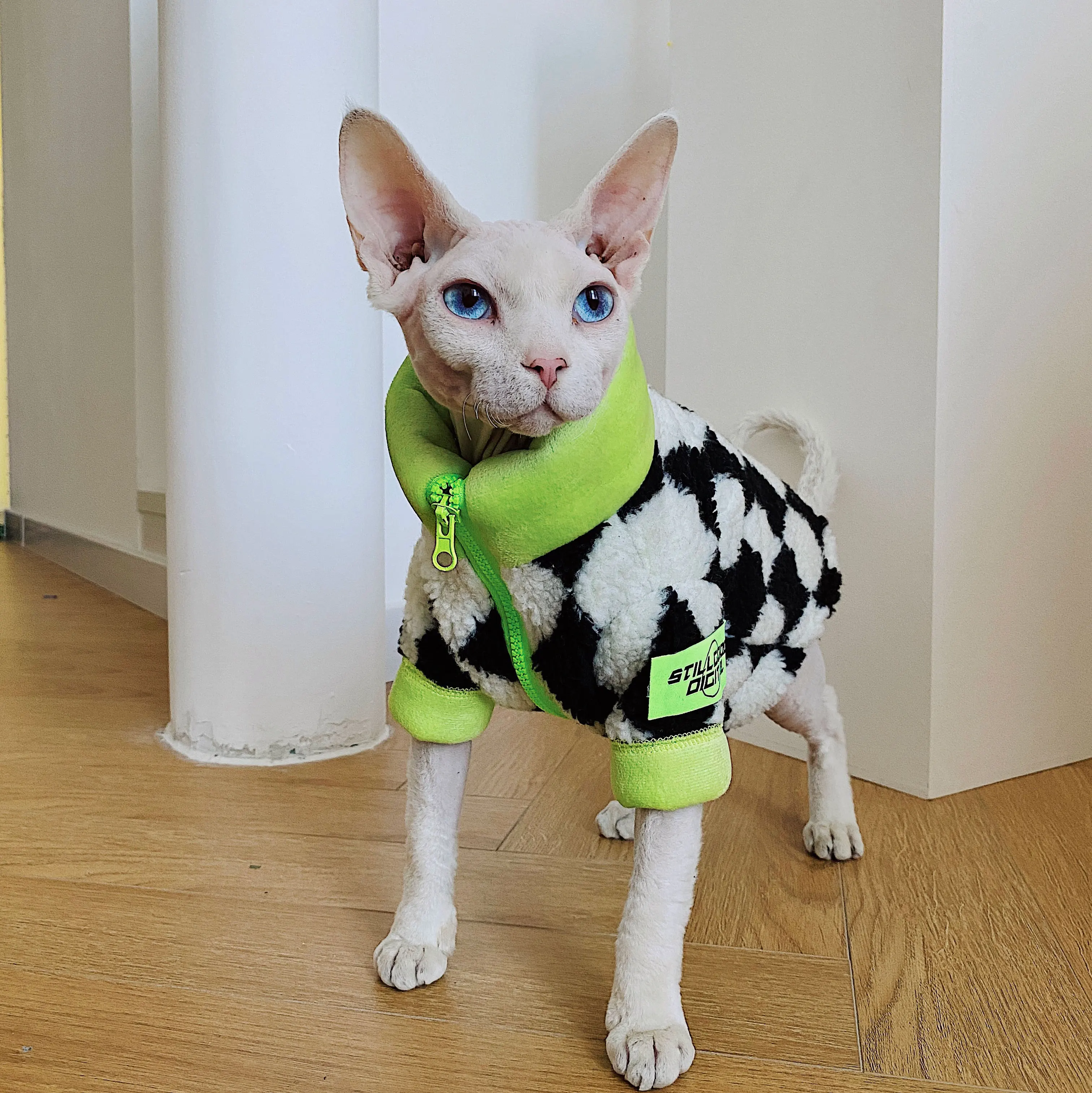 Fashion Fleece Coat for Sphynx Green High Neck Zipper Sweatshirt Jumpsuit for Kittens Plaid Loungewear for Devon Rex Sweater