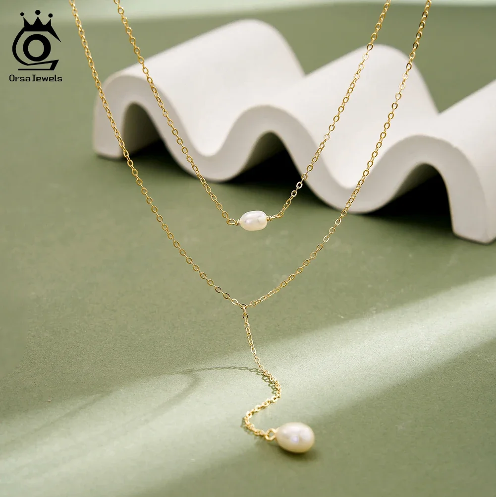 

ORSA JEWELS Elegant 925 Sterling Silver Natural Pearl Necklace for Women Summer Layered Chain Sexy Jewelry Accessorry BQN27