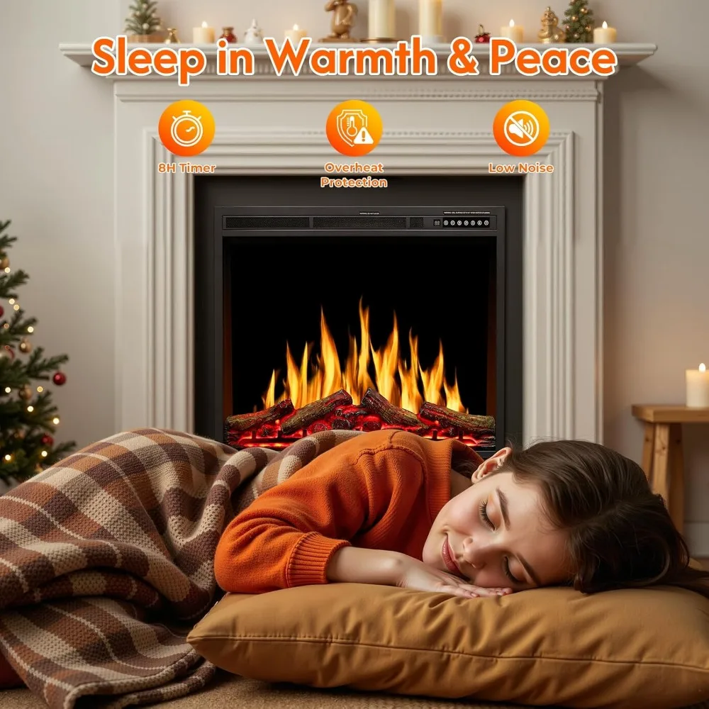 ZAFRO 34-Inch Electric Fireplace Insert: Touch Screen, Realistic Flame, Firewood Look, Heater with Remote Control, Auto On/Off F