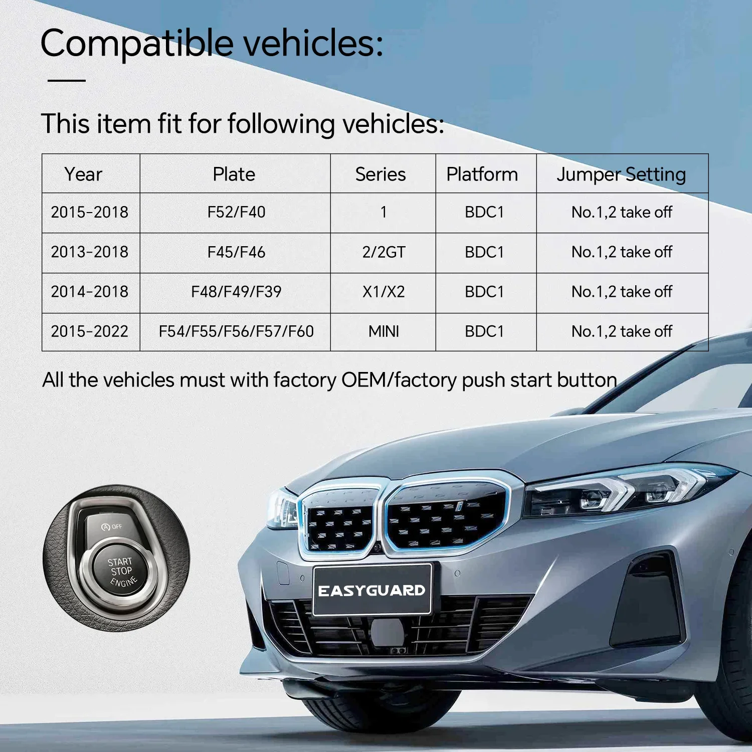 ECS002PP-BM-BC1-2 Plug Play Remote Starter Fit For 1 Series F52 F40 F45 F46 2 2GT X1 X2 F48 F49 F39 With Push Start Button