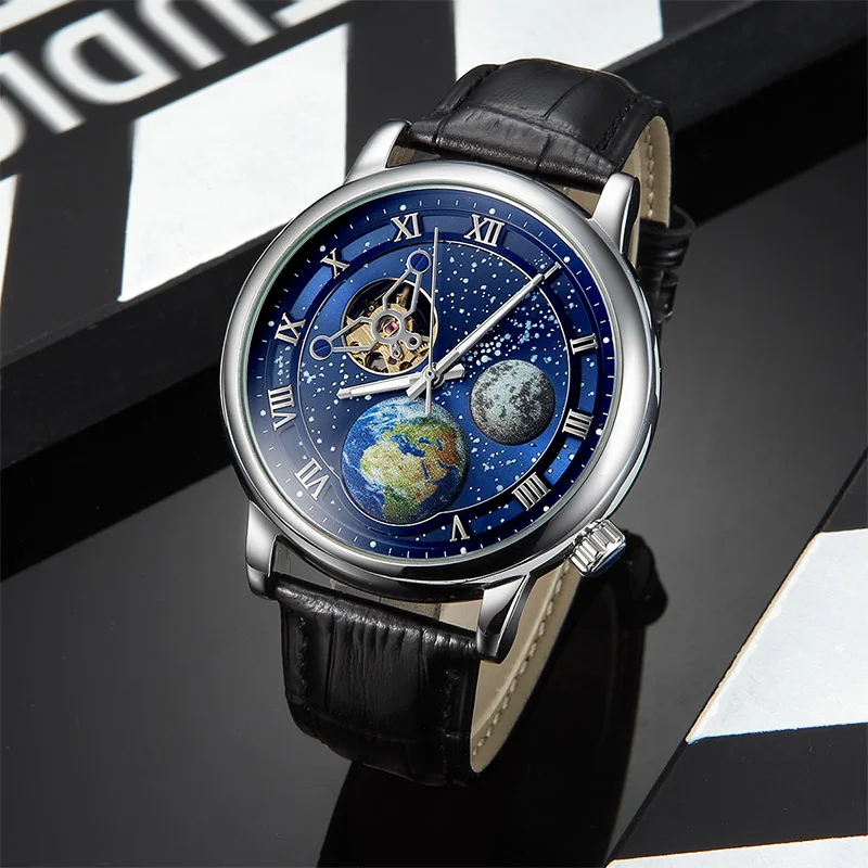 SKONE Rotating Earth Second Hand WristWatch Noctilucent Men Automatic Mechanical Watch Starry Sky Leather Watchband