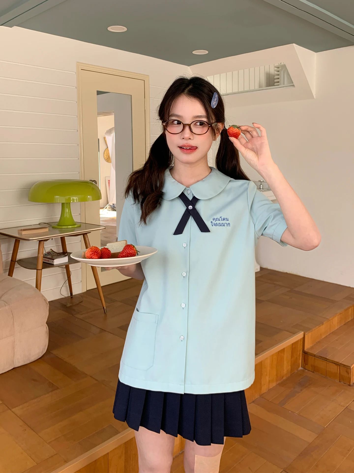 

Tokyo Annual Record JK Thai Style Short Sleeve Mint Green Shirt Women's Summer School Uniform Top Breathable Polyester Fiber