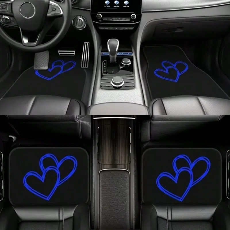 Set Of 4 Blue Heart Pattern Car Floor Mats - Easy To Clean And Install - Fits Front And Rear Seating In Sedans, SUVs, And Teslas