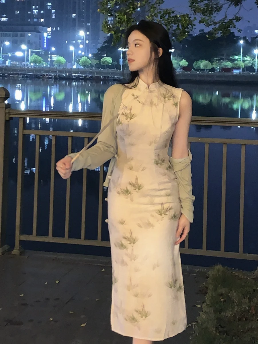 

Винтажное длинное платье-ципао с воротником-стойкой и высоким разрезом для женщин, повседневное, с цветочным принтом, эффект стройности