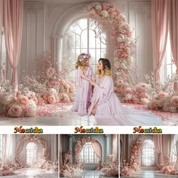 Mocsicka Pink Floral Wedding Background Photography Arch Window Church Curtain Backdrop Girl Birthday Party Photo Studio Booth