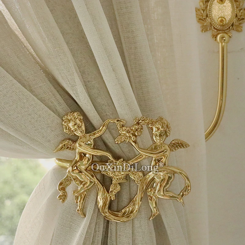 High-end Luxury 1Pair Solid Brass French Angel Basket Curtain Hooks Drapery Holdbacks Curtain Wall Hooks Decorative Hardware