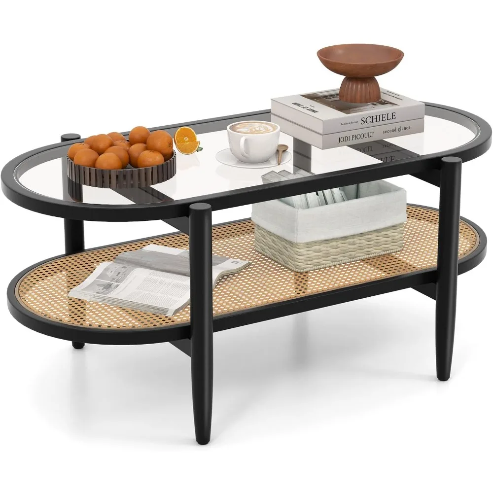Two-Tier Oval Rattan Coffee Table with Tempered Glass Top and Storage Shelf, Boho Style Cocktail Table