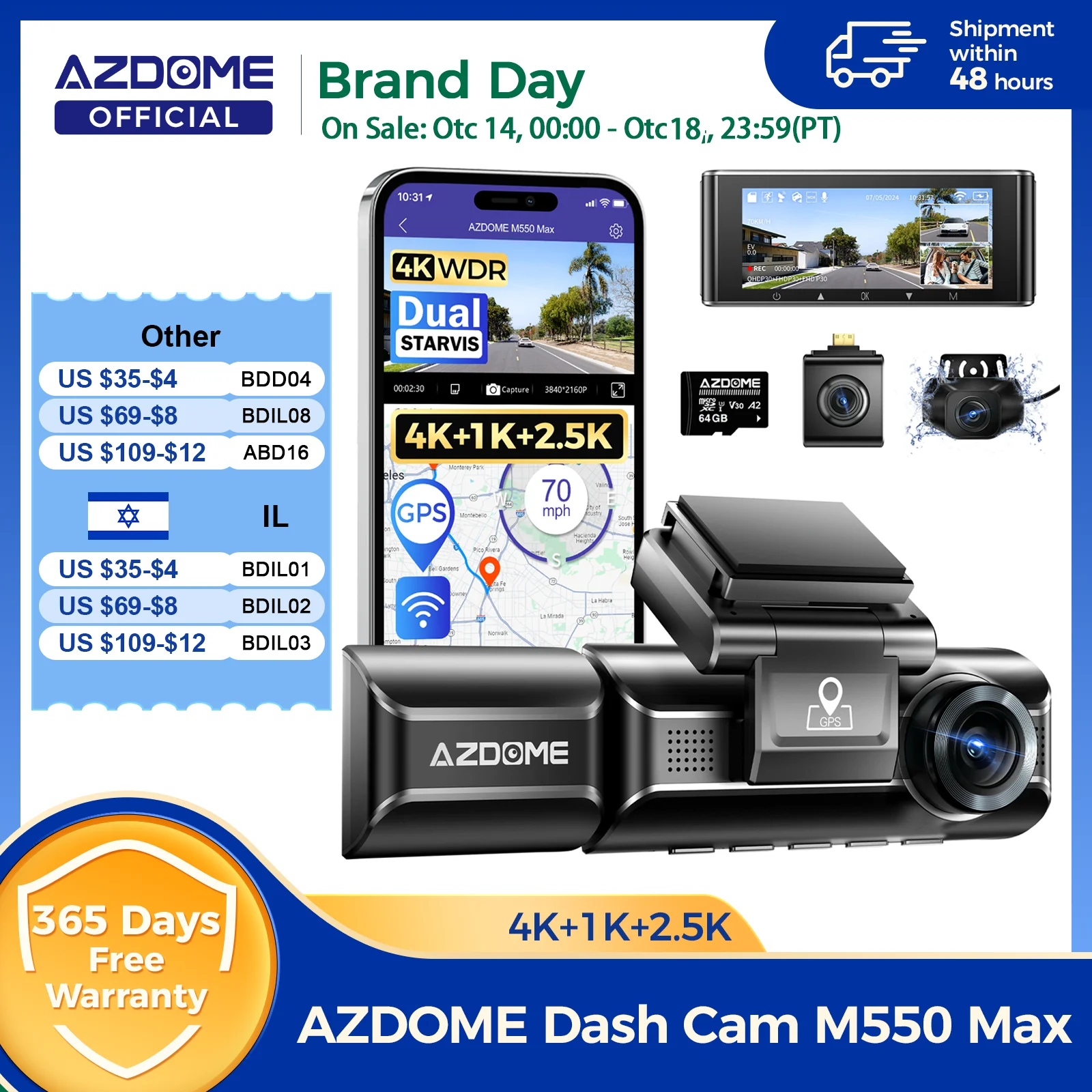 AZDOME M550 Max Dash Cam Ultra HD 4K+1K+2.5K 3.18”Screen Built-in GPS Wifi Car DVR 24H Parking Monitor Night Vision Super Capaci