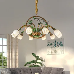 Nordic Scandinavian Style Room Apartment Decoration Chandelier Floral Wedding Pastoral Green Leaf Flower Glass Led Pendent Lamp