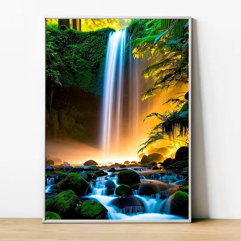 

Natural Landscape Spectacular Waterfall Canvas Painting Green Tree Forest Posters Decorative Pictures for Living Room Decor