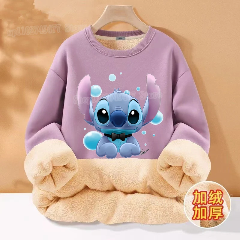 Winter Disney&Stitch hoodie cartoon round neck pullover with plush thick sportswear for women warm top men loose casual clothing