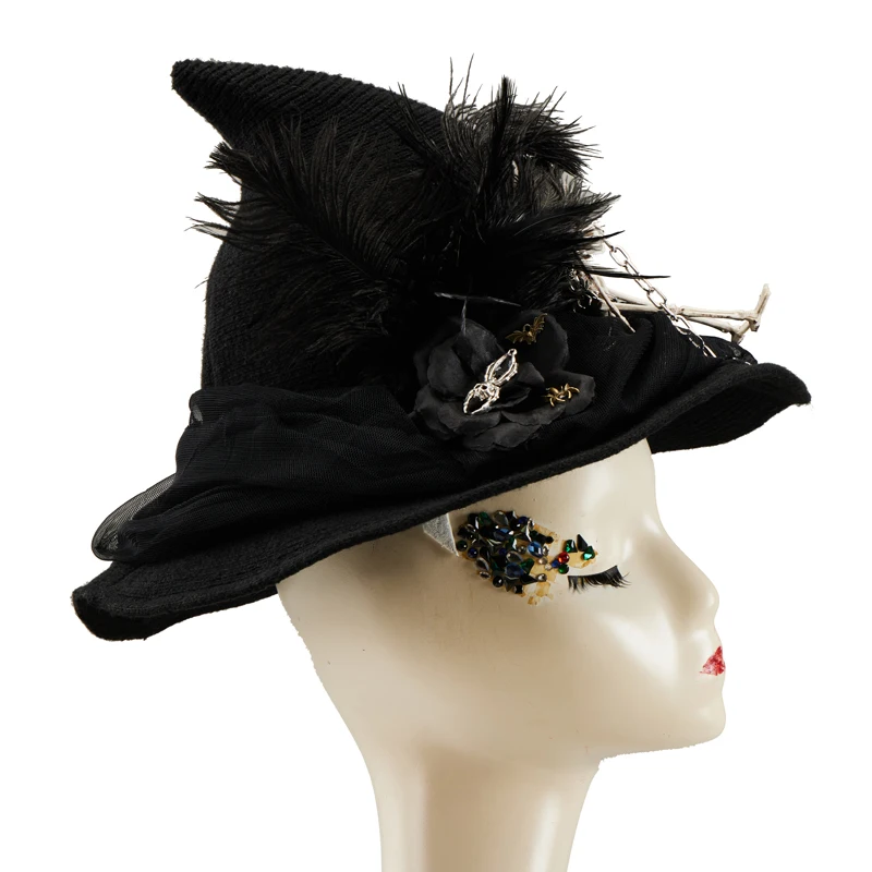 Halloween Witch Wizard Black Hat Lolita Gothic Retro Feather Skeleton Sorceress Hats Party Cosplay Costumes Veil Magic Hat