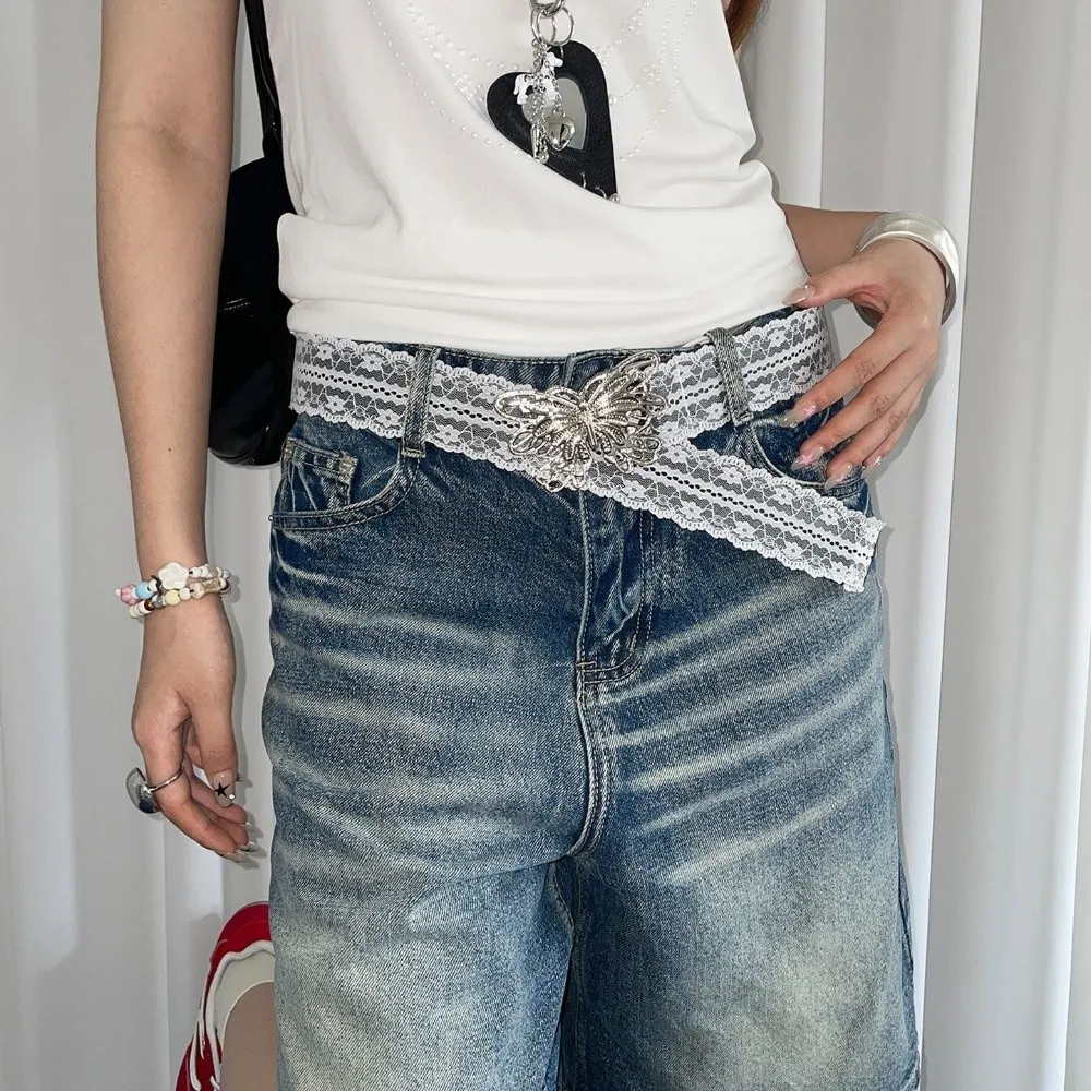فريد الكورية نمط الدانتيل حزام الحلو أنيقة فراشة حزام الخصر Y2K خمر فستان حزام الجينز الفتيات حار