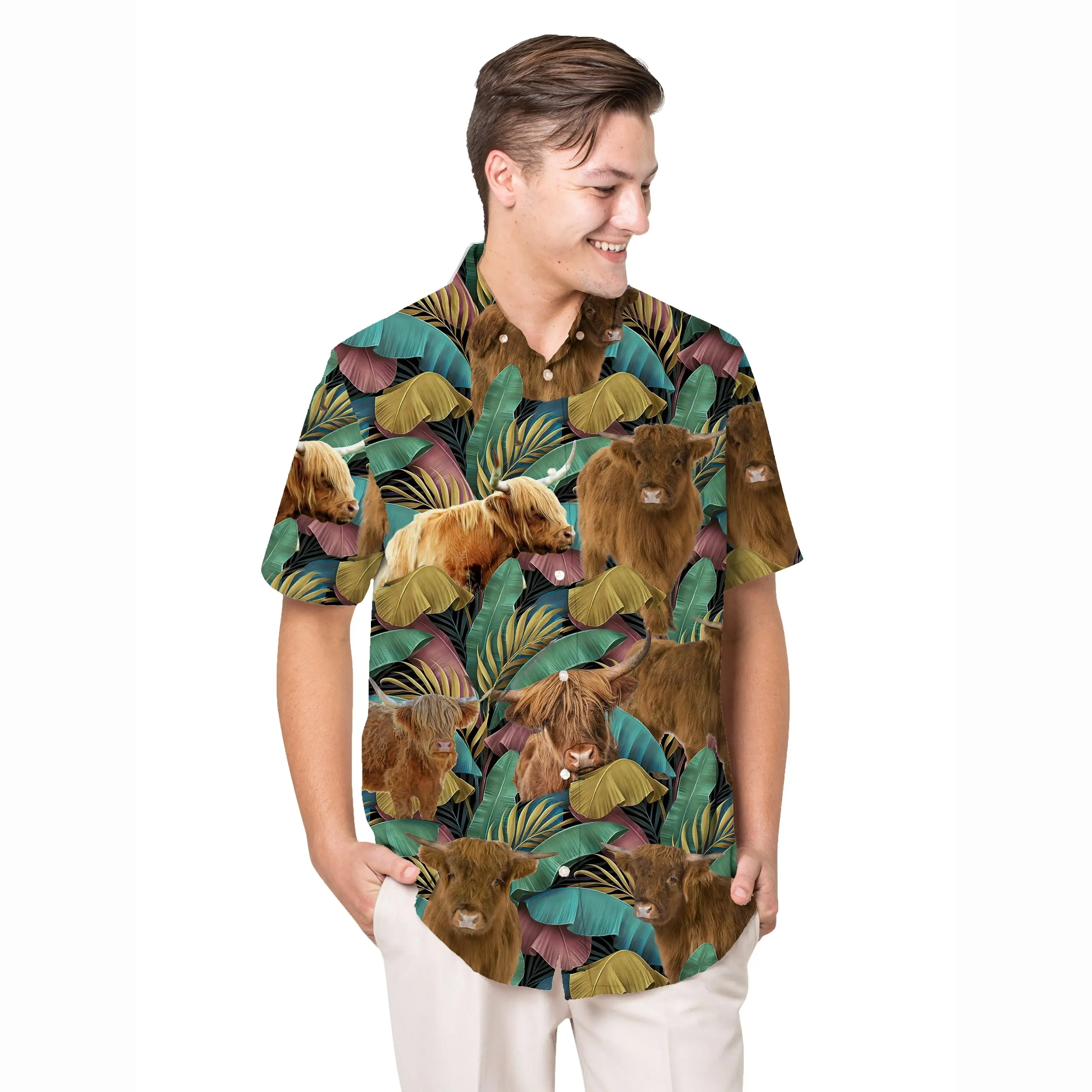 Jumeast Highland Cattle Pattern Hawaiian Shirt Banana Leaves Graphic Aloha Shirts Tropical Casual Man Clothing Farmer Gifttify