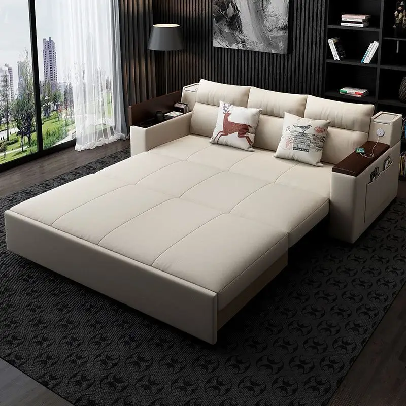 Solid wood folding sofa bed, living room multi-functional removable and washable telescopic bed