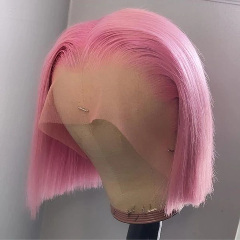 FANXITION Synthetic Hair Lace Front Short Bob Silky Straight Wig Pink Bob Color Style Synthetic Lace Front Wig Heat Fiber Hair