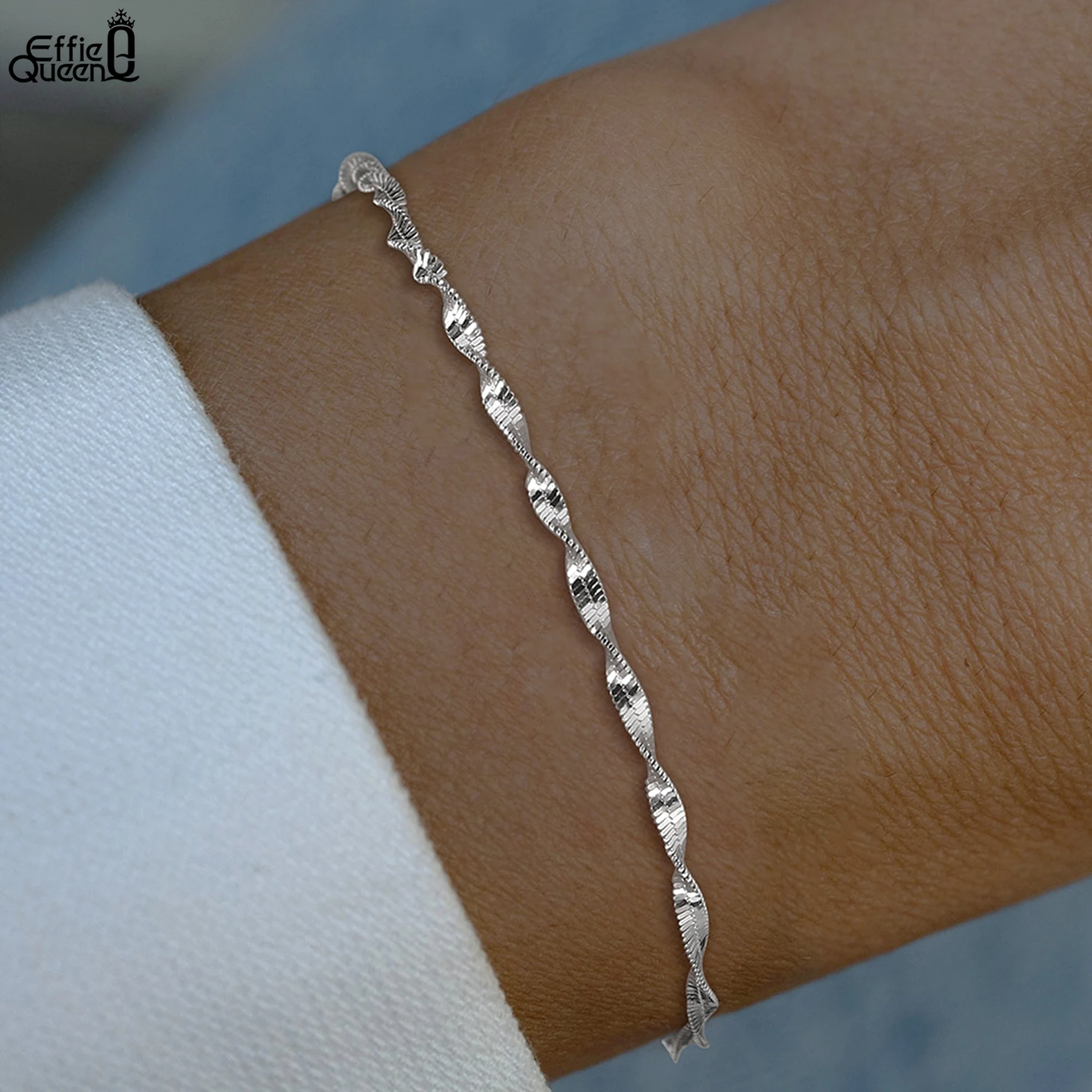 

EFFIE QUEEN Chic 925 Sterling Silver 2mm Double Layered Ripple Chain Bracelet Fashionable and Timeless Jewelry for Women SB182