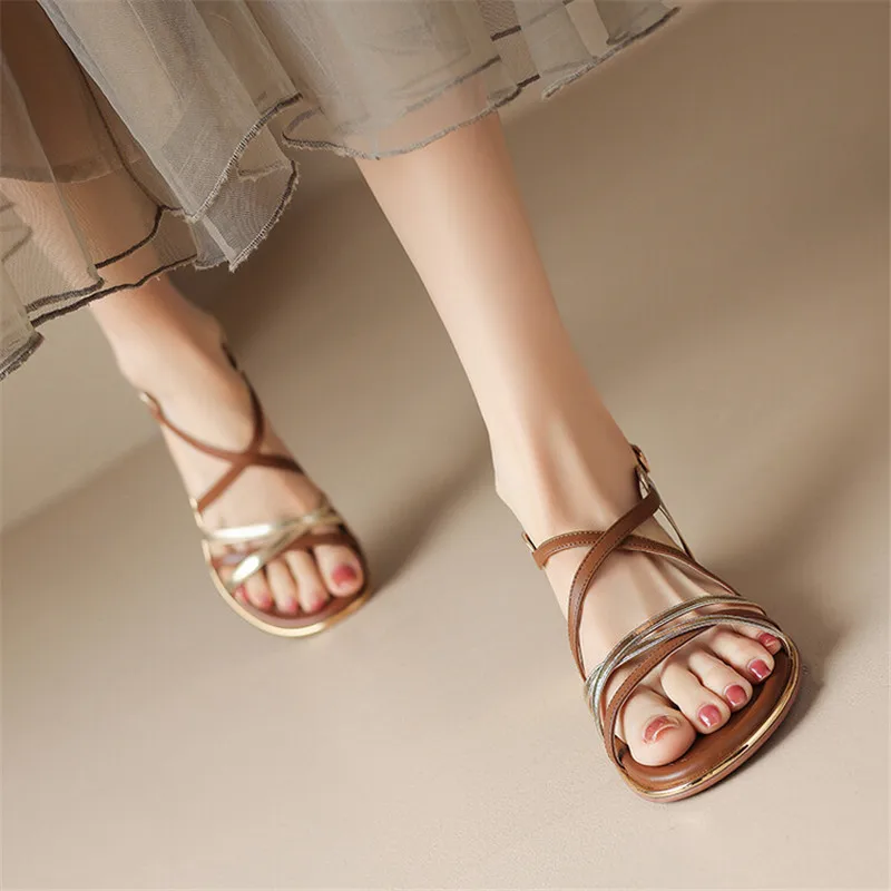 2023 New Summer Sandals Women Split Leather Shoes Round Toe Low Heels Gladiator Shoes Sandals for Women Handmade Women Sandals