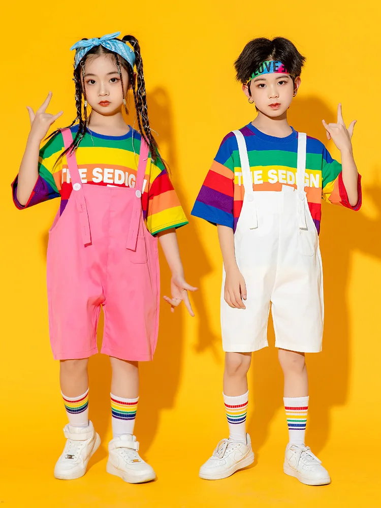 Fashion T Shirt Overall Denim Children Hip Hop Costumes Jazz for Girls Boys Dancewear Street Dance Wear Dancing Clothes Ballroom