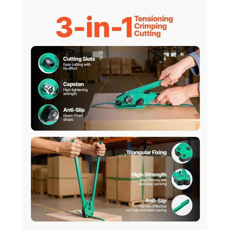 Banding Strapping Kit, Heavy Duty Banding Sealer Tool with 1500 ft PET Band, 450 Metal Seals, 150 Corner Protectors & Gloves, Plastic Pallet Packaging Strapping Kit for Warehouse/Shipping/Moving view 8