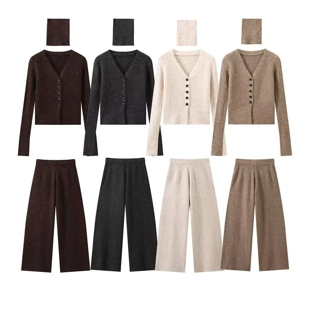 ZBZA Women\'s Knitted High Elastic 3piece Suit V-neck Single Breasted Slim Fit Top Wide Leg Straight Pants Fall Winter Chic Set
