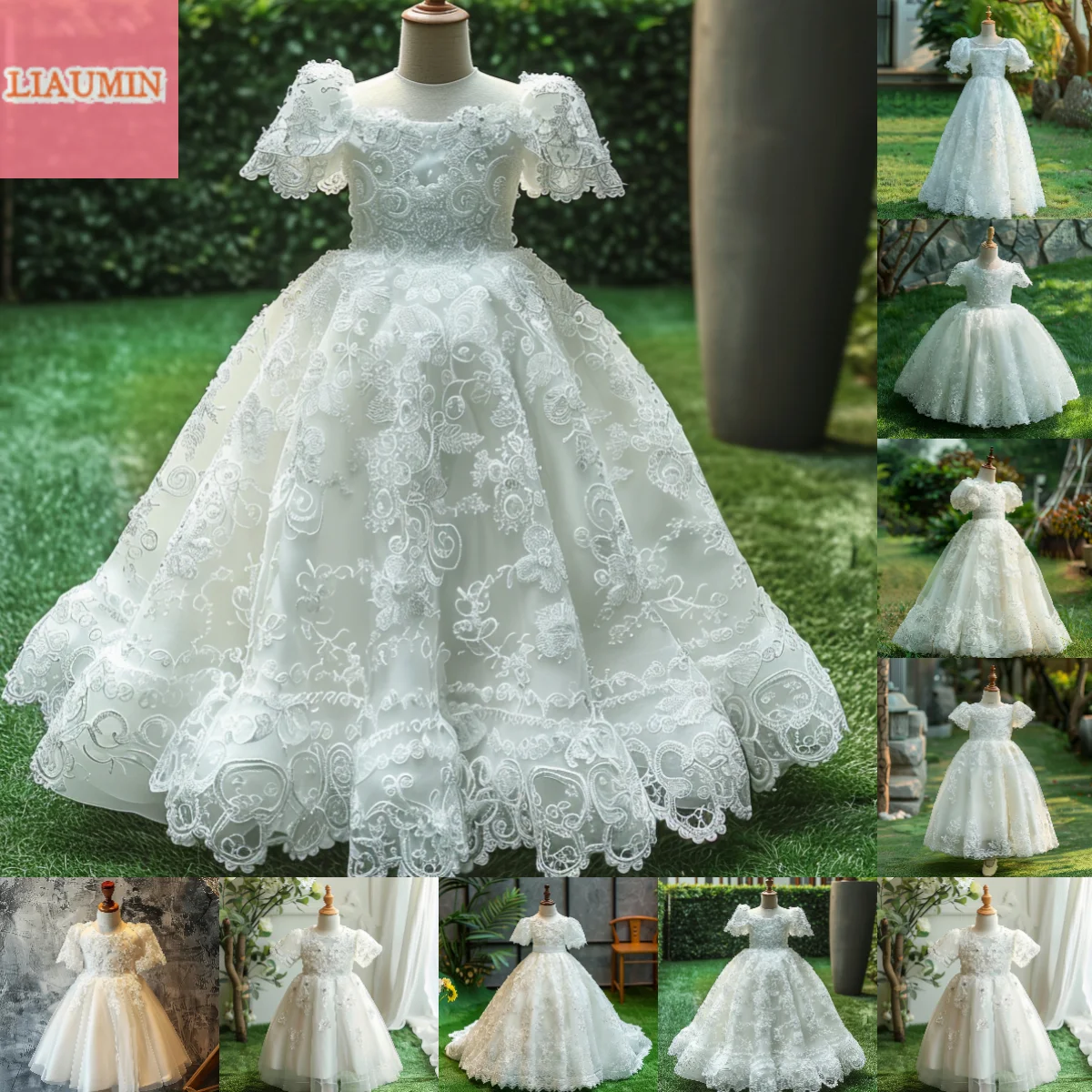 

White Short Sleeve Floor Length Lace Flower Girl Dresses For Wedding Brithday Party Princess Pageant Baby Skirt Custom W8-50