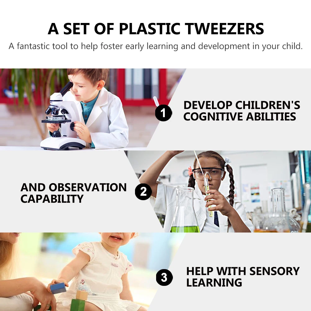 6-teilige Kinderpinzette aus Kunststoff für die frühes Lernen, Entwicklung der Feinmotorik, sensorisches Spielen, Sortieraktivitäten, Bastelperlen