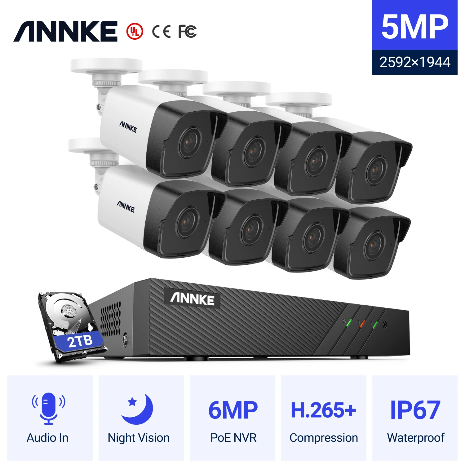 ANNKE 5MP H.265+ Super HD PoE Network Video Security System 2.8mm Lens IP67 Outdoor POE IP Cameras Plug & Play PoE Camera Kit