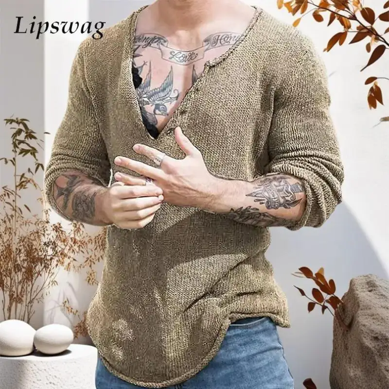 

2026 Spring Fall Casual Mens Slim Jumpers Knitting Solid Color Long Sleeve V Neck Sweaters Men Vintage Knit Bottoming T Shirts