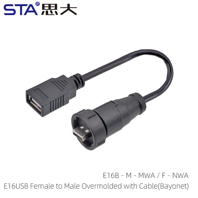 USB 2.0 Female to Female Male Waterproof Aviation Connector Plug and Socket Overmolded plug Thread Bayonet PVC Cable