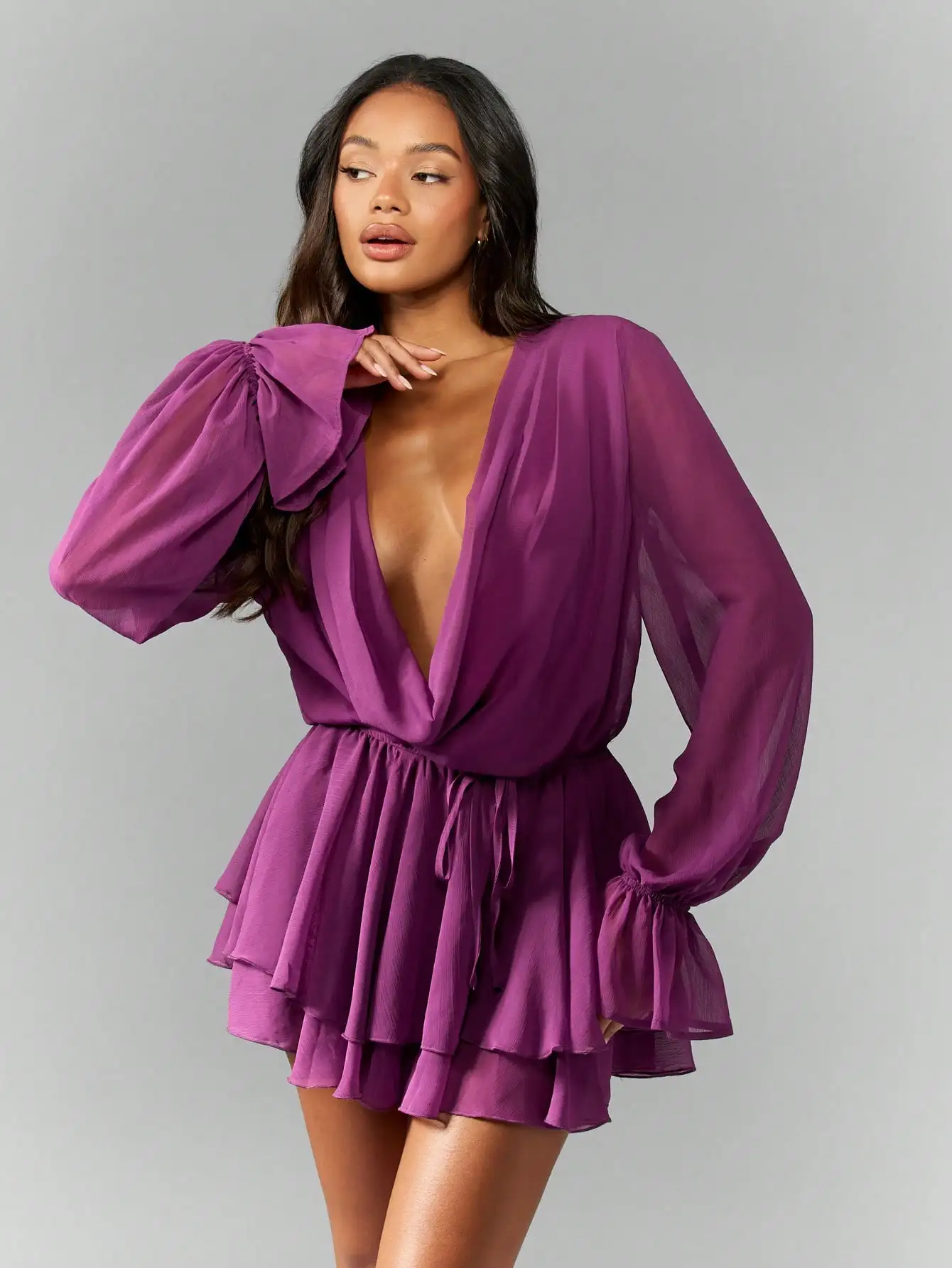 

Purple Chiffon Long Sleeve Mini Wrap Dress with Plunging V-Neck and Ruffle Layers