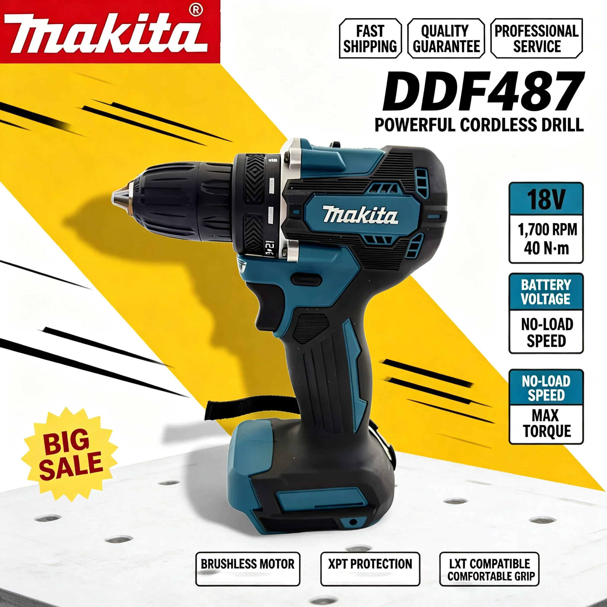 40n・mのトルクを持つマキタddf487ブラシレス電動ドリル。18vのコードレスで、diyの住宅改修やリフォーム作業に最適なポータブル電動工具。