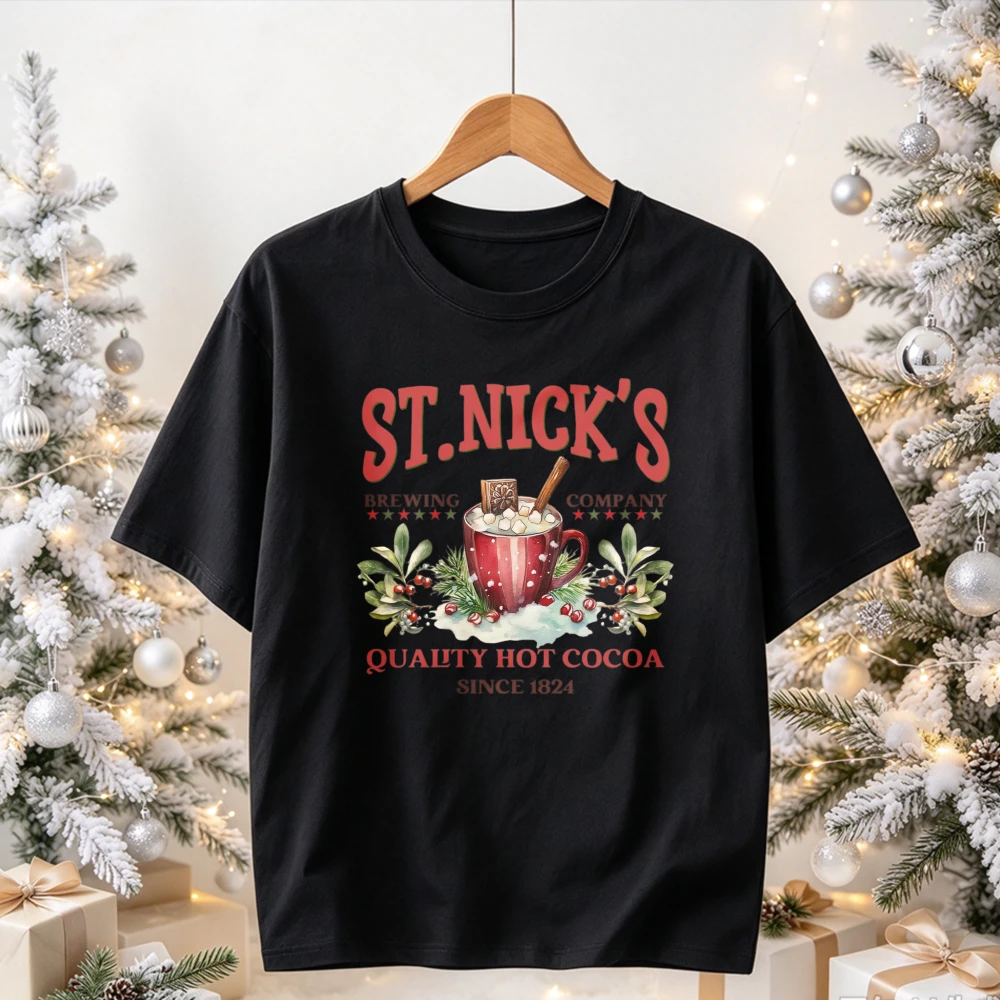 BUBU DUDU St Nick's Brewing Company Hot Cocoa Christmas Graphic T Shirt Vintage Xmas Hot Chocolate Print Crew Neck Holiday Tees