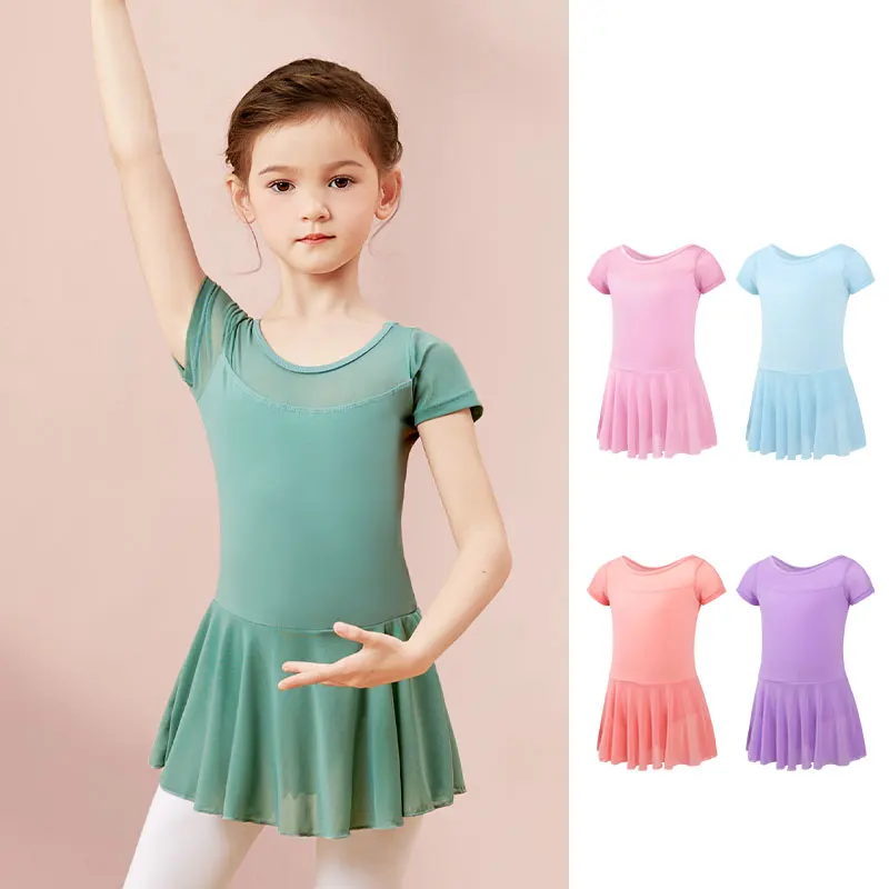 Ballet Dress Girls Dance Ballet Leotard Dress Mesh Splice Short Sleeve Chiffon Skirted Leotard Ballet Bodysuit Dance Costumes