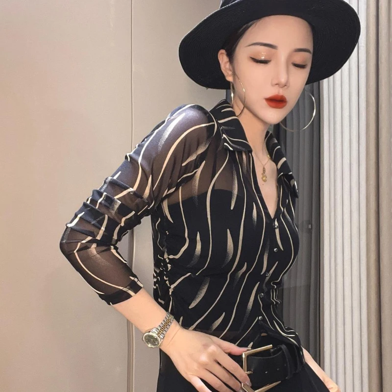 Female Crop Tops Striped Transparent Black Summer Full Long Sleeve Sexy Button Up Women\'s Shirt and Blouse See-through Chic M Xl