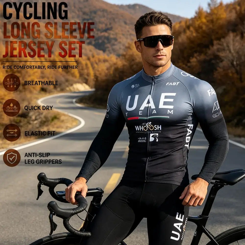 UAE Herren Langarm-Radtrikot-Set Mountainbike-Bekleidung Sommer Atmungsaktive Fahrradtrikots Kleidung Maillot Ropa Ciclismo