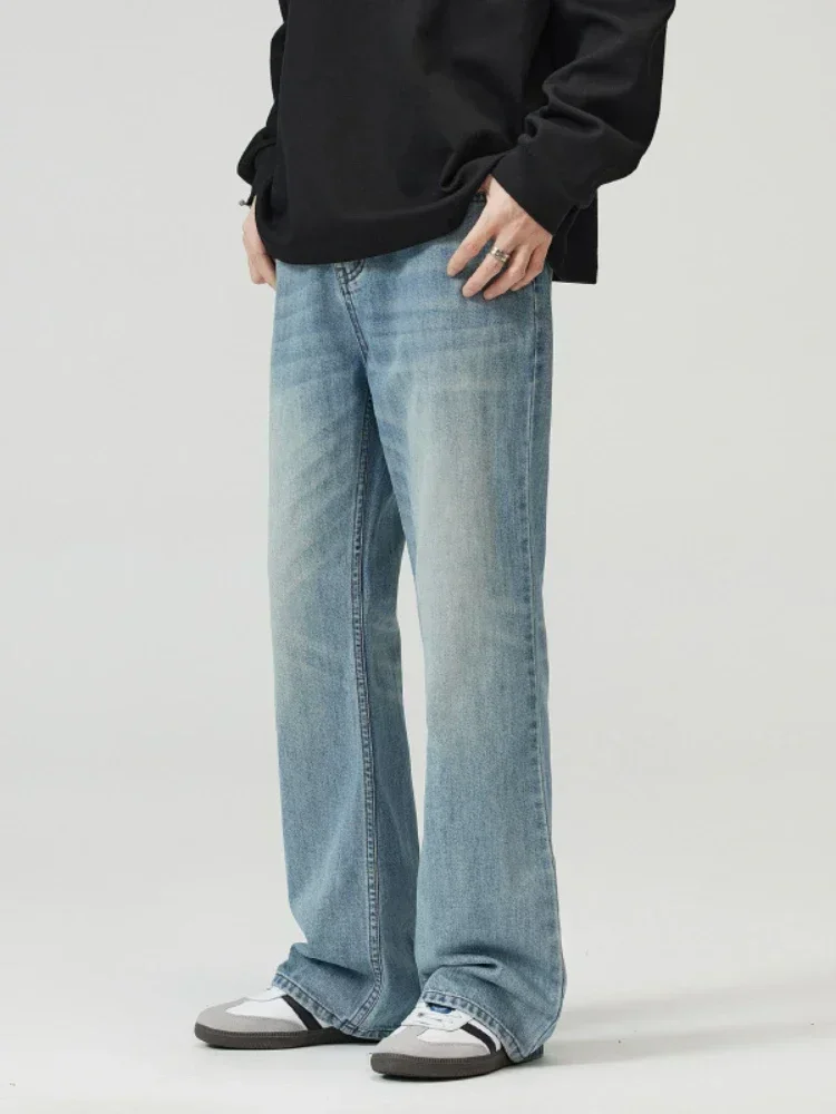 

Мужские джинсы-клеш из денима, прямые брюки в пол, зауженные, повседневные, с высокой талией, с вставками, осень-зима